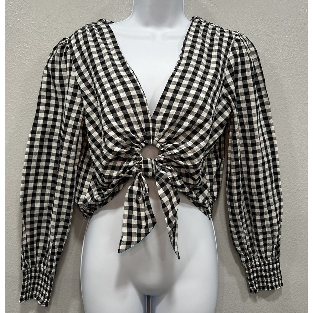 SO Top Pull Over Womens Size Medium Blck White Checkers Cropped  Long Sleeve Y2K